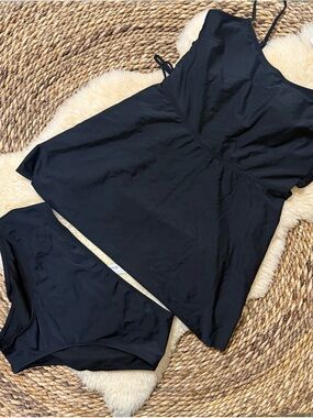 AIMAGE Black Swimdress Set - Sleek Solid Black